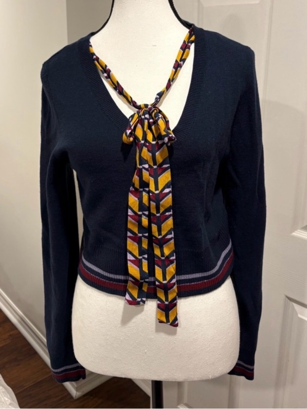 Maeve Anthropologie Tie Neck Cropped Sweater Navy Knit Medium